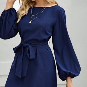 Boat Neck Bishop Sleeve Belted Dress